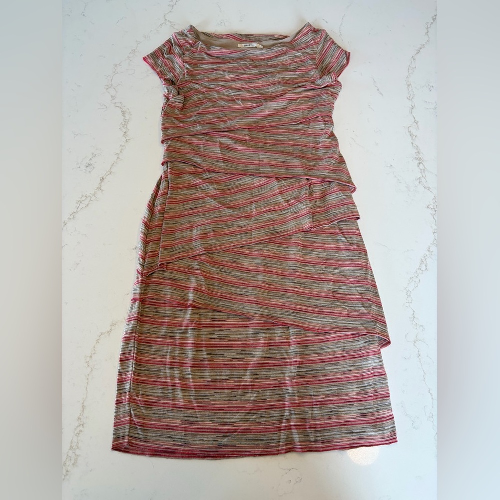 Bailey 44 Striped Asymmetrical Layered Knit Dress in Pink and Tan